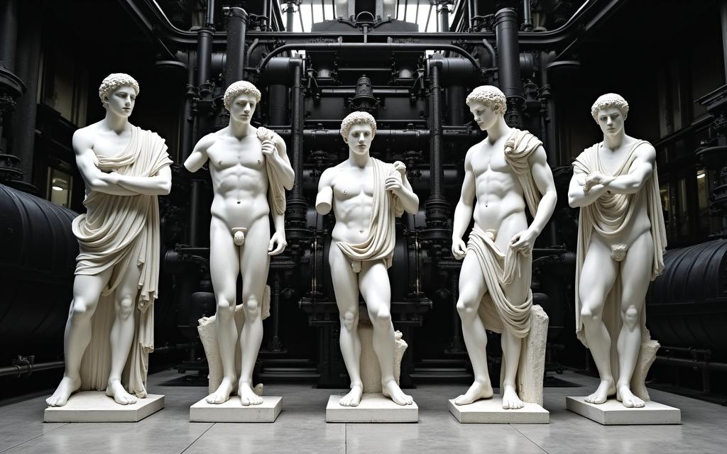 Sculture romane davanti a macchinari industriali d'epoca