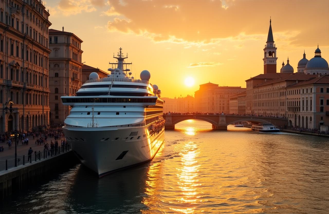 Vista architettonica di una crociera di lusso al tramonto