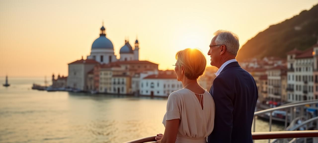 Coppia senior elegante che ammira un'architettura storica durante una crociera